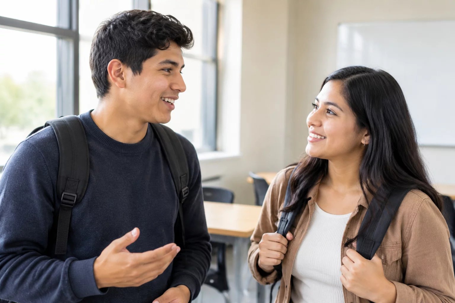 Pasillo de la universidad, con dos estudiantes conversando