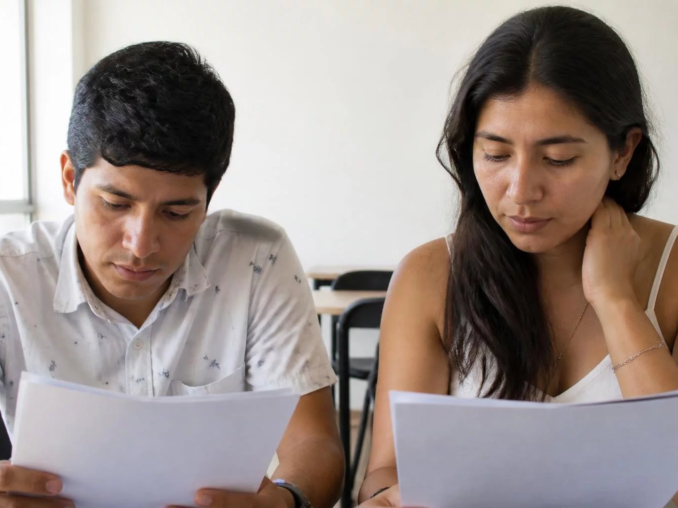 Hojas de argumento impresas, leídas por dos personas