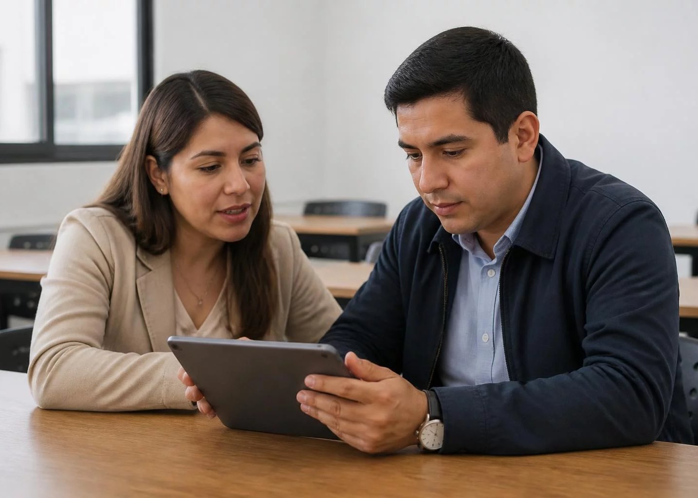 Una tablet con apuntes, leída por dos participantes